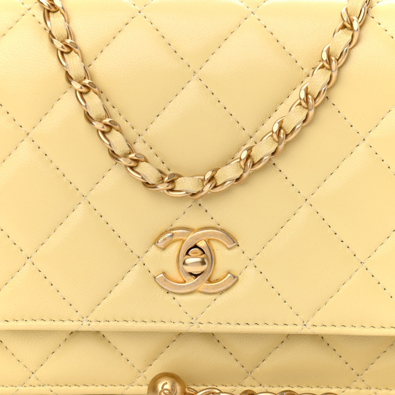 Chanel Lambskin Quilted Pearl Crush Wallet on Chain WOC Yellow 9 of 12