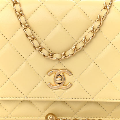 Chanel Lambskin Quilted Pearl Crush Wallet on Chain WOC Yellow 9 of 12