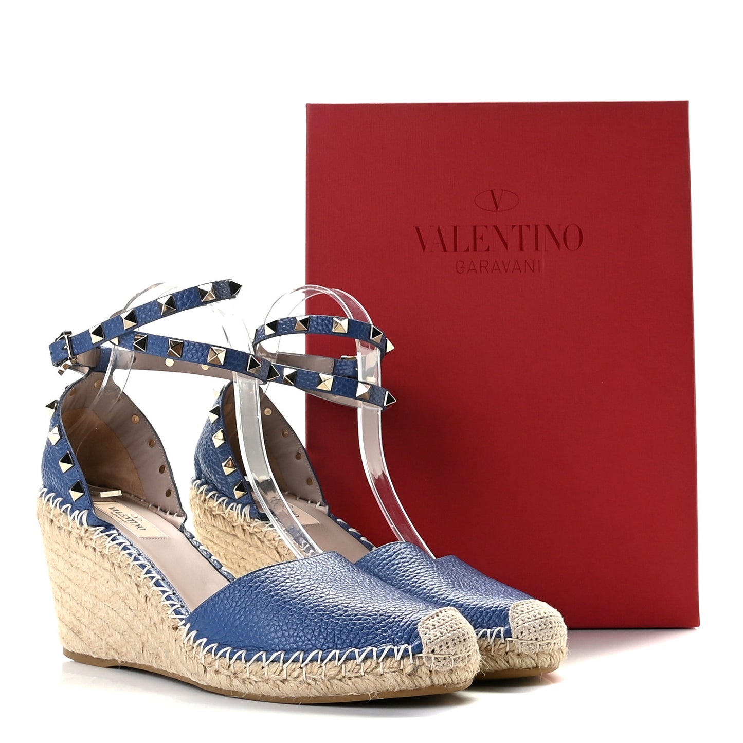 Grained Calfskin Rockstud Ankle Wrap Espadrille 15/85mm Wedges 40 Baltique