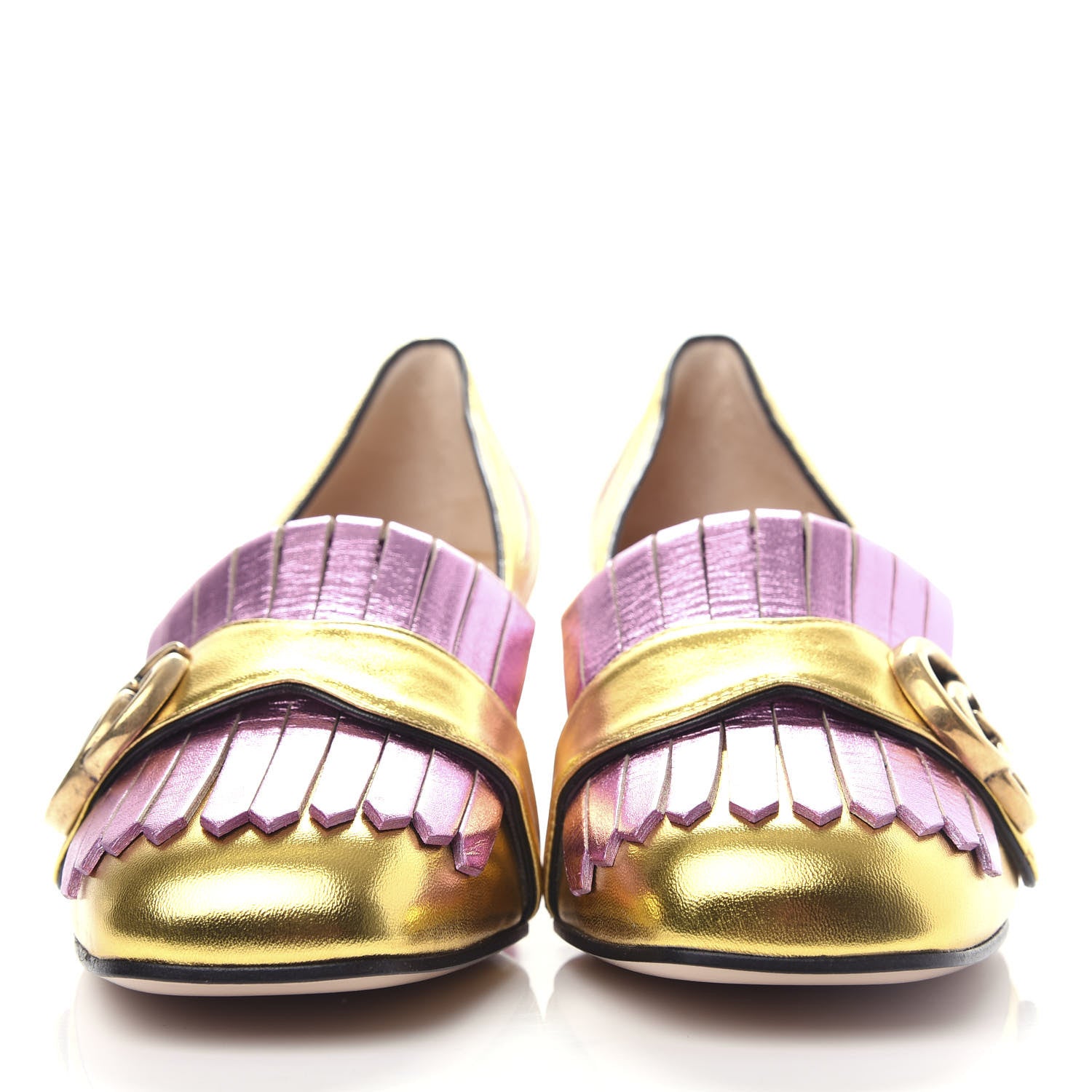 Gucci Metallic Nappa Inlay GG Marmont Fringe 50mm Loafer Pumps 35.5 Oro Vecchio Rosa 2 of 12