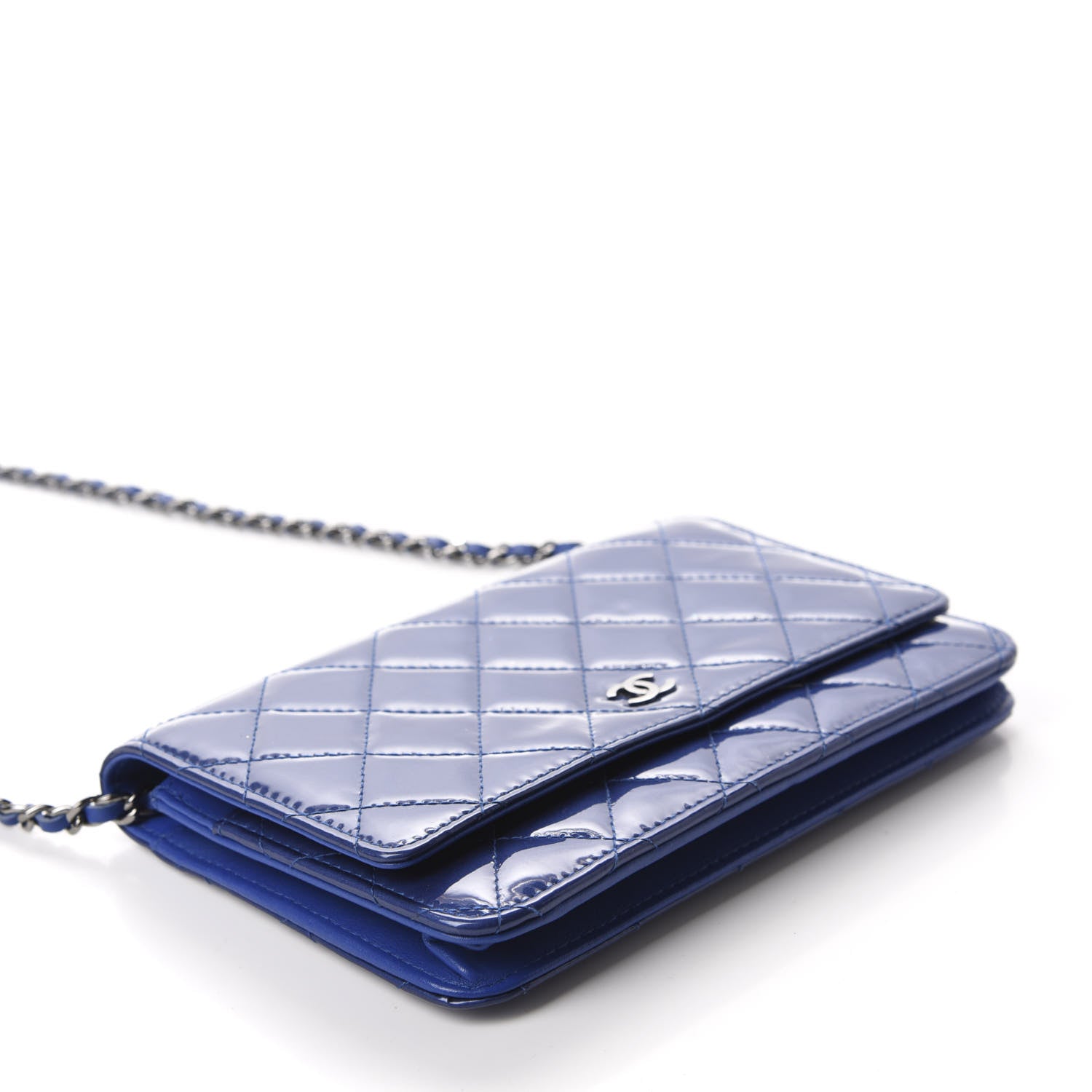 Chanel Patent Quilted Wallet On Chain WOC Blue 4 of 12