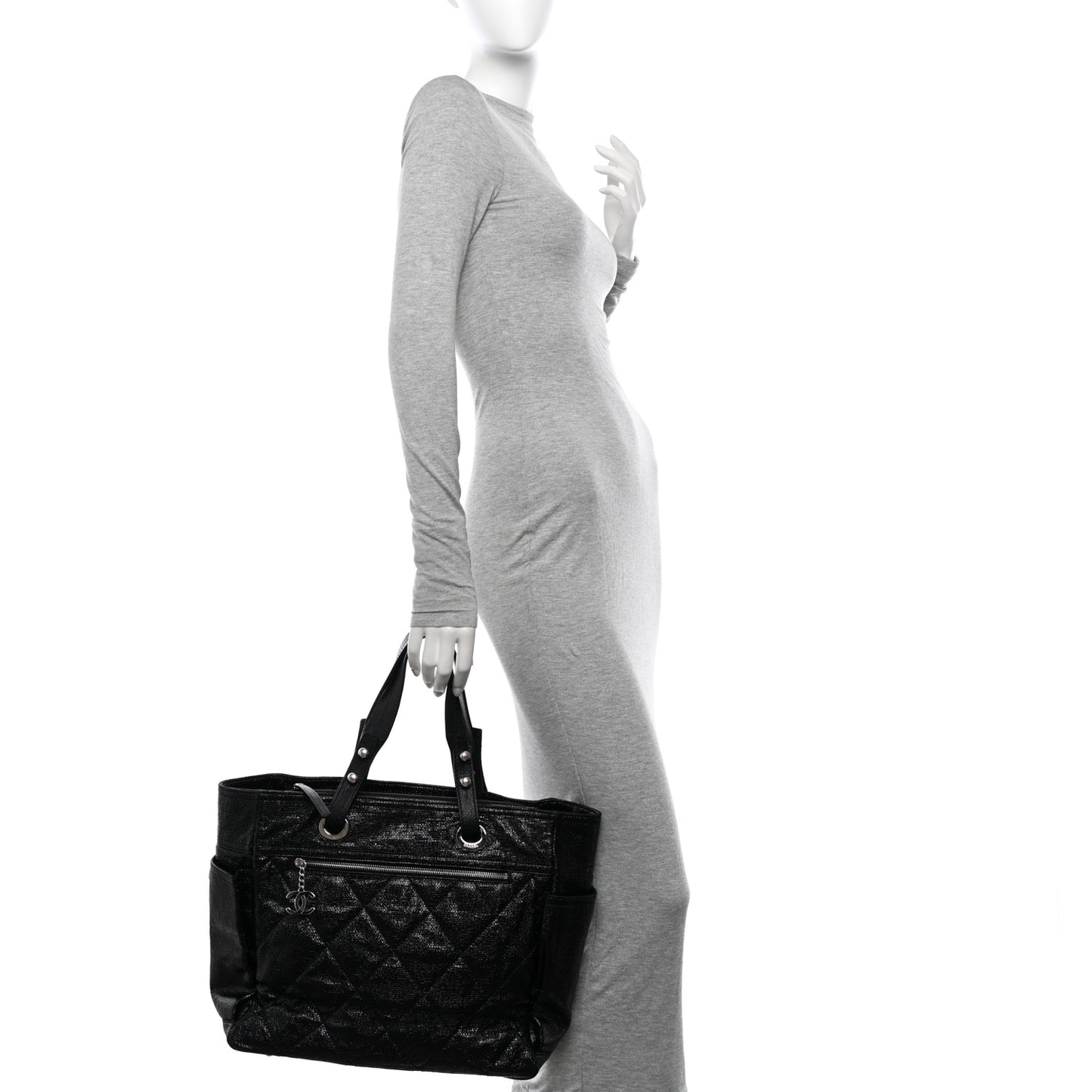 Metallic Coated Canvas Quilted Large Paris Biarritz Tote Black