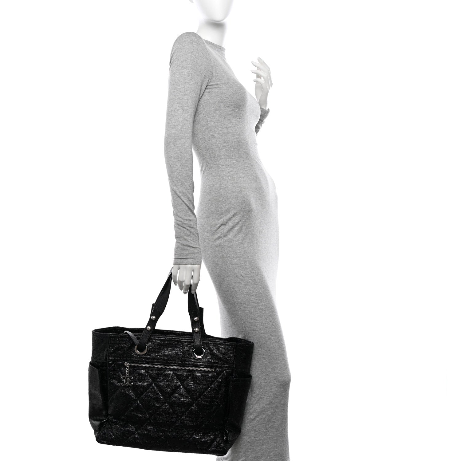 Chanel Metallic Coated Canvas Quilted Large Paris Biarritz Tote Black 2 of 15