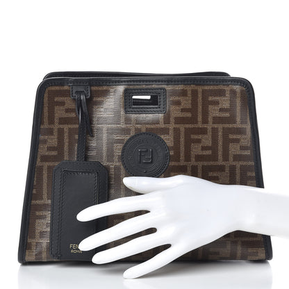 Fendi Glazed Fabric Vitello Century FF 1974 Stamp Patch Mini Peekaboo Defender Cover Mogano Panna Black 1 of 10