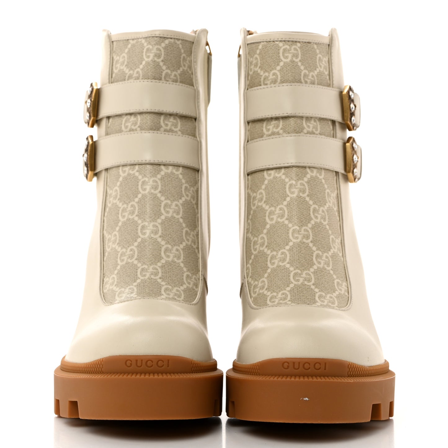 Kensington Calfskin Nappa GG Supreme Monogram Womens Double Buckle Ankle Boots 40 Mystic White Beige