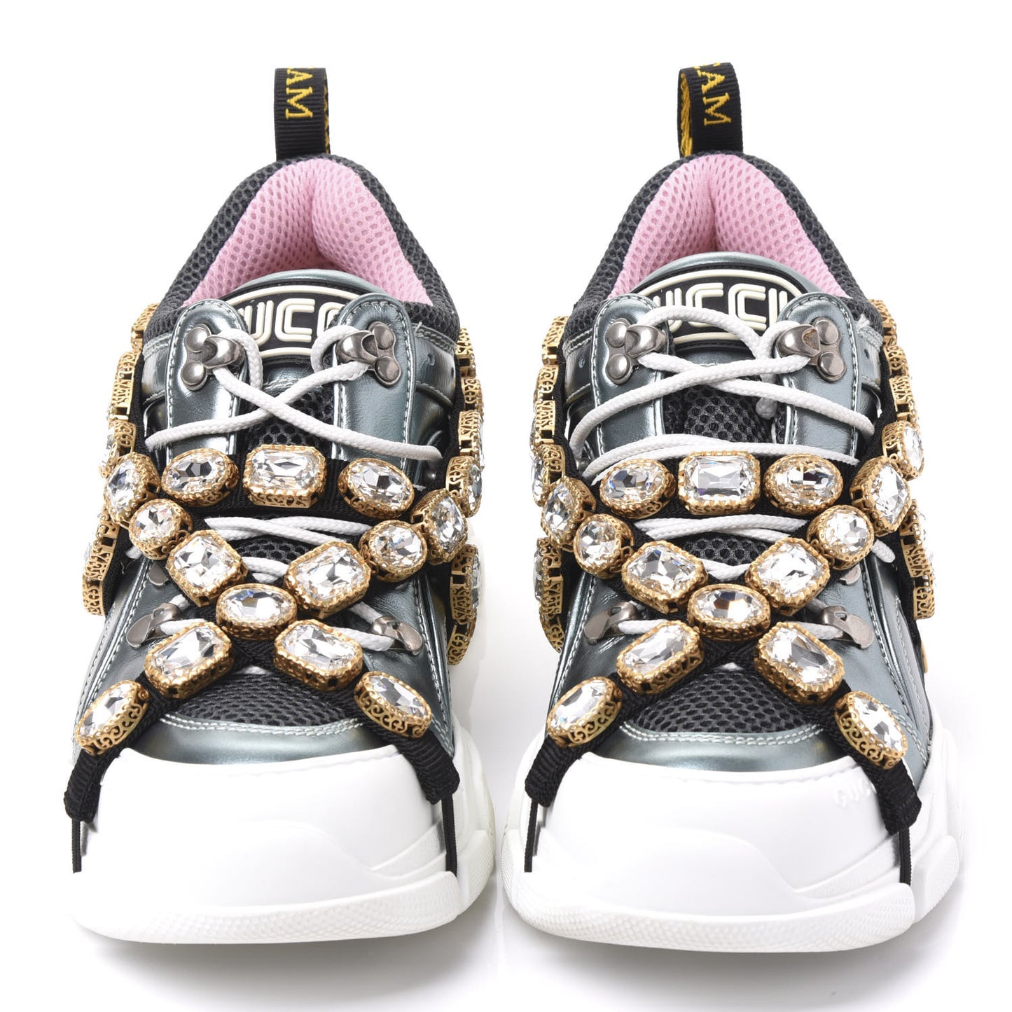 X SEGA Metallic Calfskin Removable Crystals Womens Flashtrek Sneakers 39 Lago Loess Silver