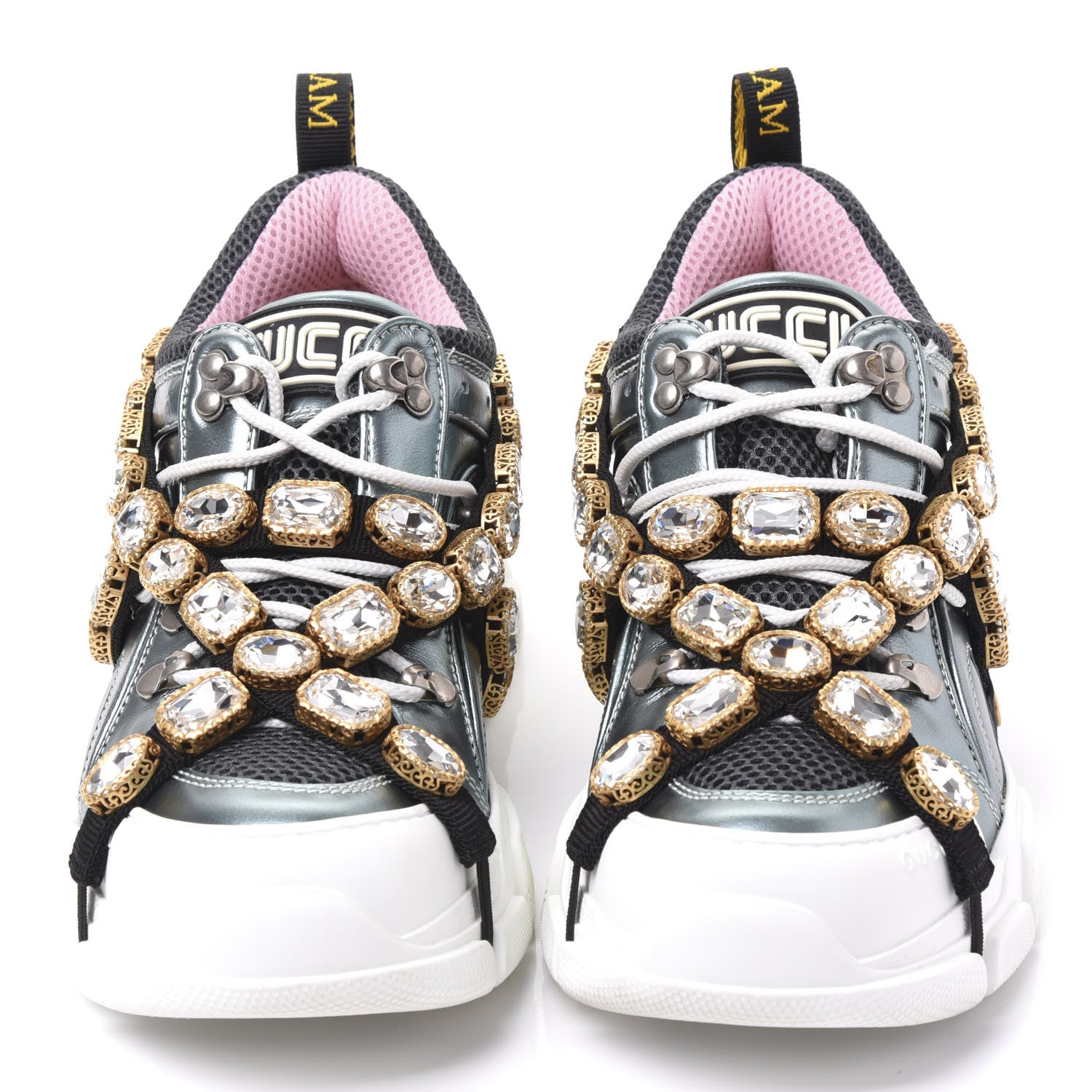 Gucci X SEGA Metallic Calfskin Removable Crystals Womens Flashtrek Sneakers 39 Lago Loess Silver 3 of 8