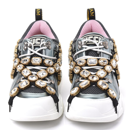 Gucci X SEGA Metallic Calfskin Removable Crystals Womens Flashtrek Sneakers 39 Lago Loess Silver 3 of 8