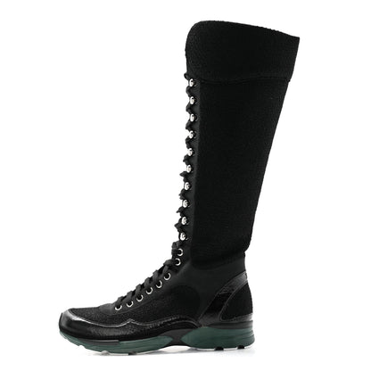 Chanel Tweed Patent Calfskin Sneaker High Boots 38.5 Black 1 of 10