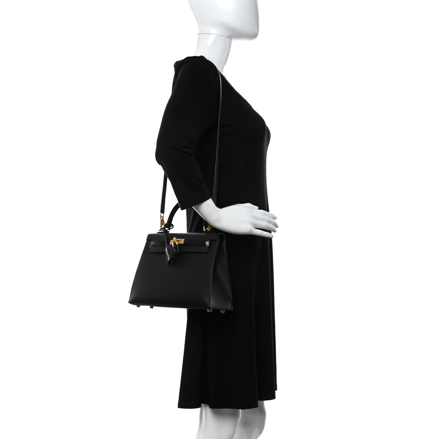 Hermes Madame Calfskin Shiny Niloticus Crocodile Kelly Sellier Touch 25 Black 2 of 10