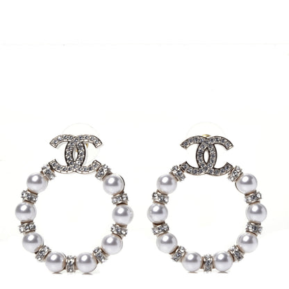 Chanel Pearl Crystal Nefertiti CC Drop Earrings Gold 1 of 7