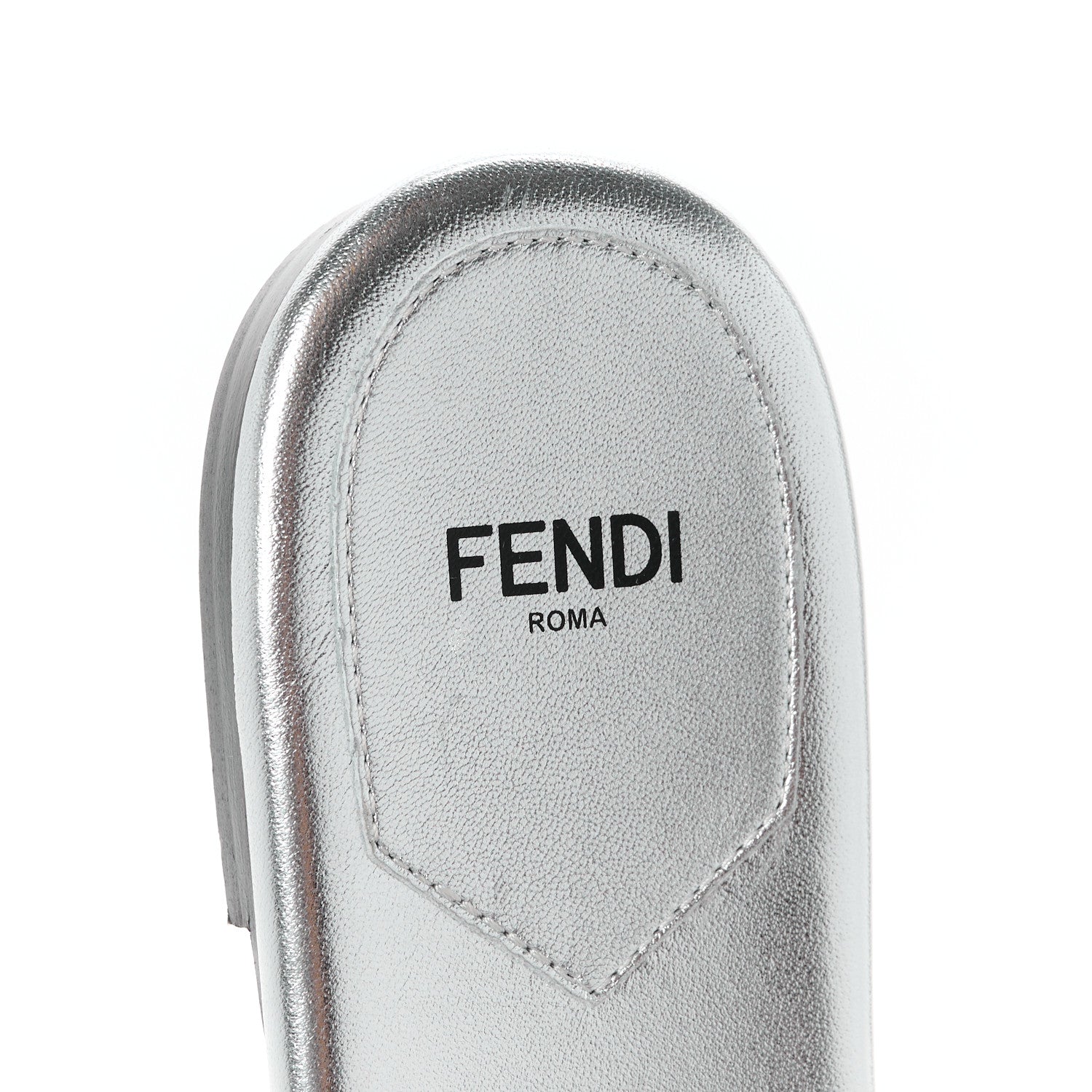 Fendi Laminated Goatskin Baguette Crystal Embroidered Signature Flat Slide Sandals 39 Silver 7 of 8