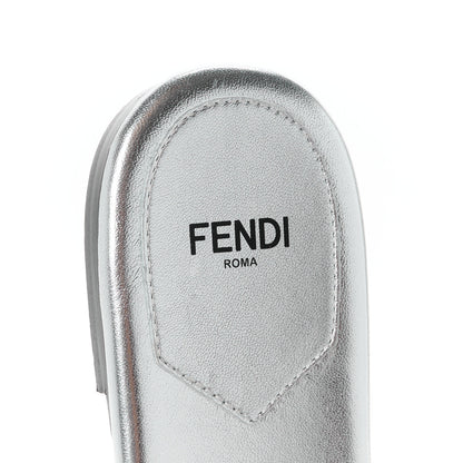 Fendi Laminated Goatskin Baguette Crystal Embroidered Signature Flat Slide Sandals 39 Silver 7 of 8