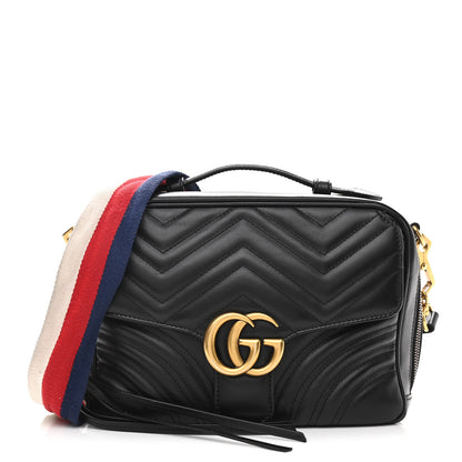 Gucci Calfskin Matelasse Sylvie Web Small GG Marmont Top Handle Shoulder Bag Black 1 of 11