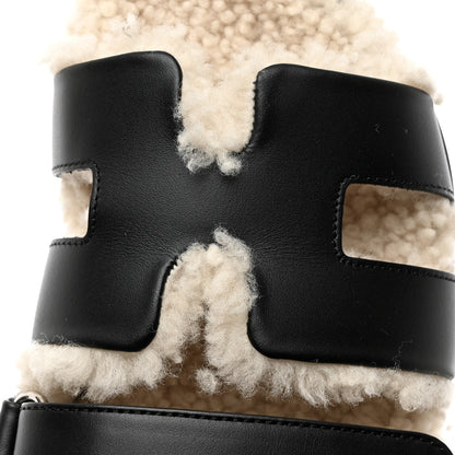 Hermes Calfskin Woolskin Womens Chypre Sandals 36 Black Ecru 9 of 11