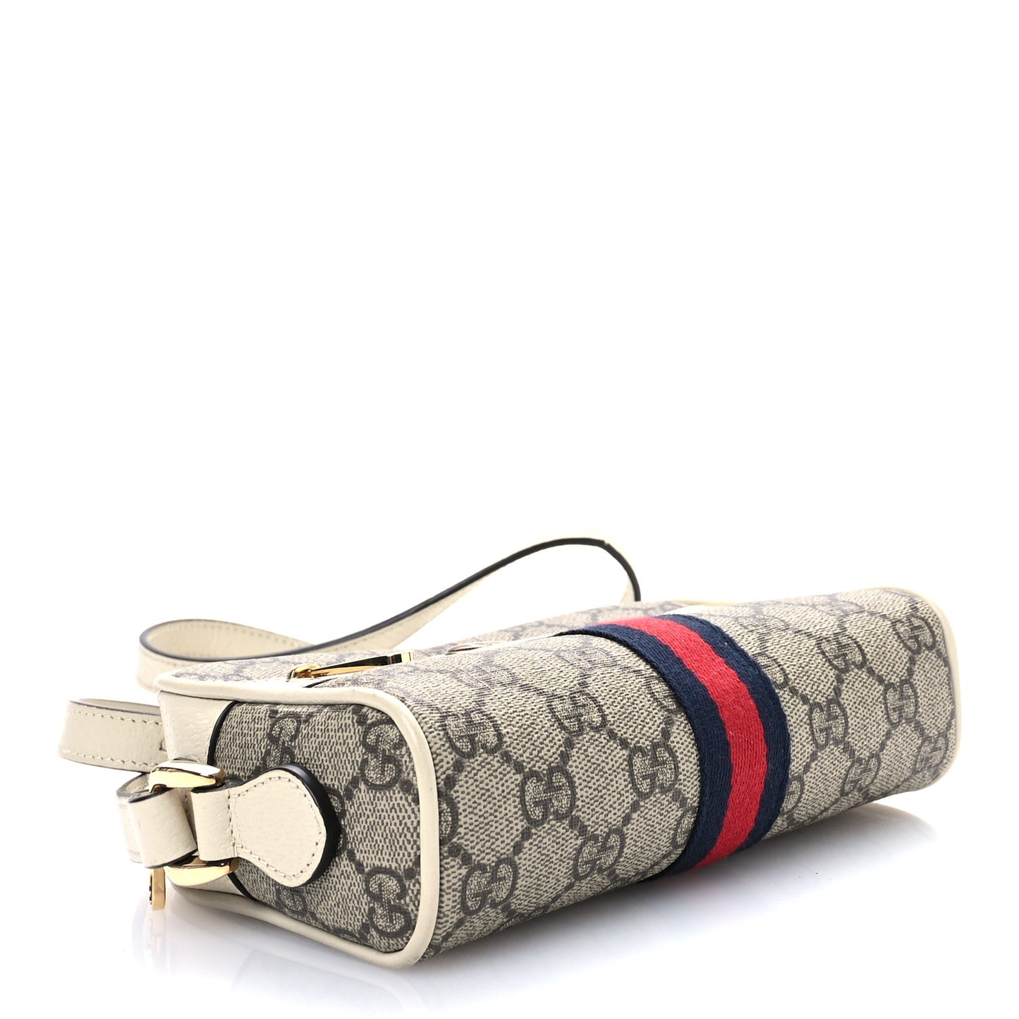 GG Supreme Monogram Textured Calfskin Web Mini Ophidia Shoulder Bag Beige Ebony Mystic White