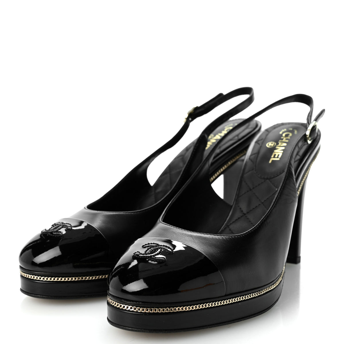 Chanel Lambskin Patent Calfskin Embellished Cap Toe CC Slingback Pumps 38 Black 4 of 9
