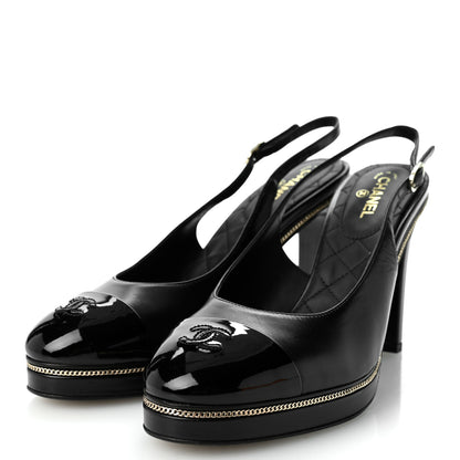 Chanel Lambskin Patent Calfskin Embellished Cap Toe CC Slingback Pumps 38 Black 4 of 9