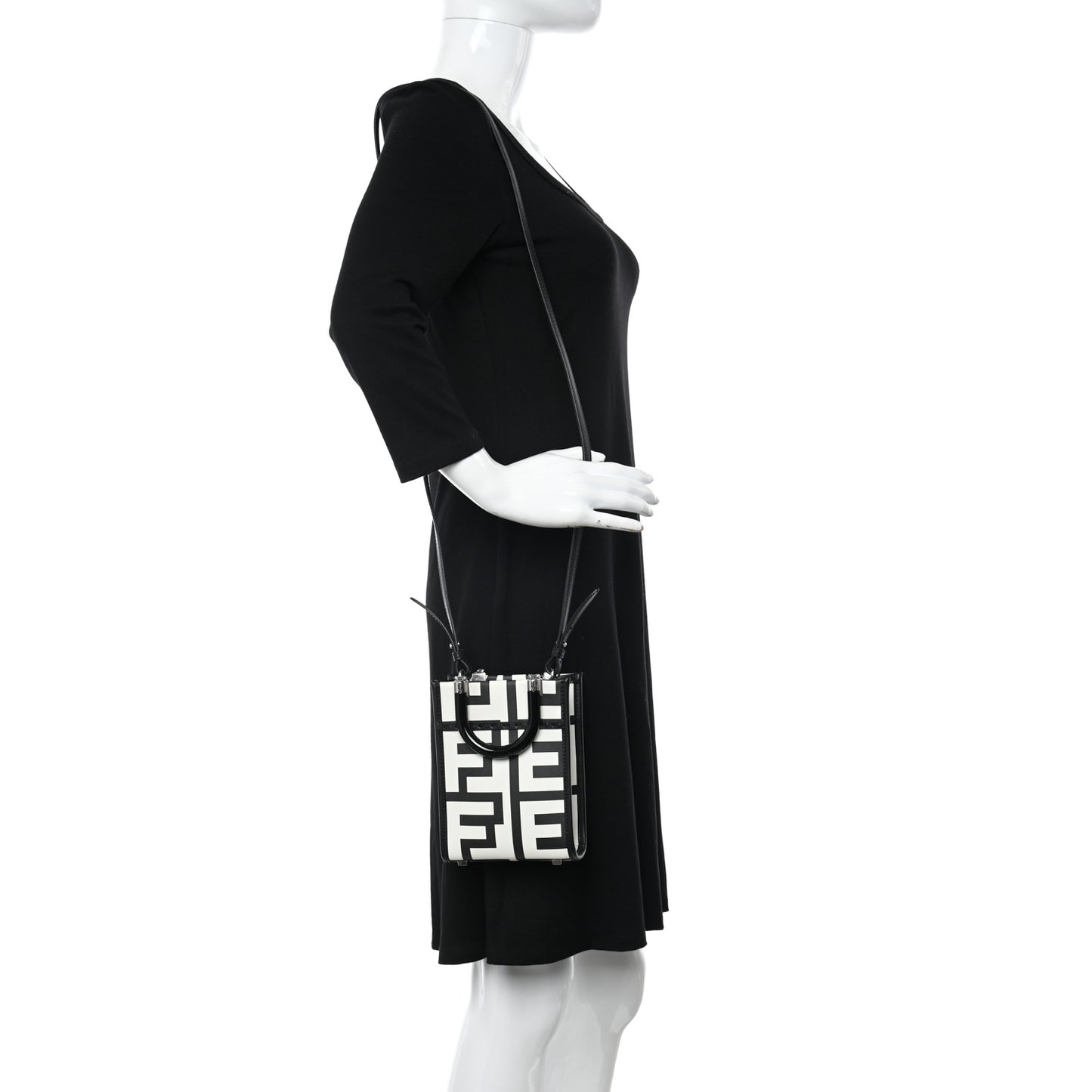 X MARC JACOBS Vitello King Plexiglass Logo Print Mini Fendi Sunshine Shopper Tote Black White
