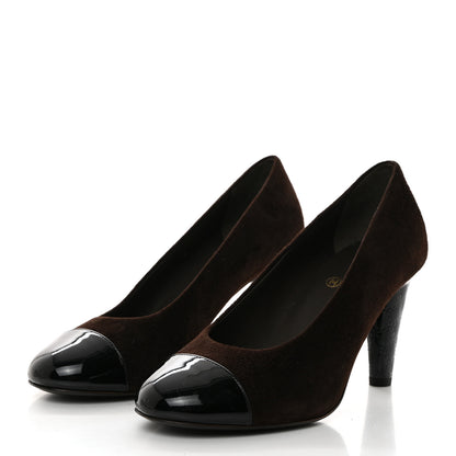 Chanel Kid Suede Patent Calfskin Cap Toe CC Pumps 38 Brown Black 3 of 9