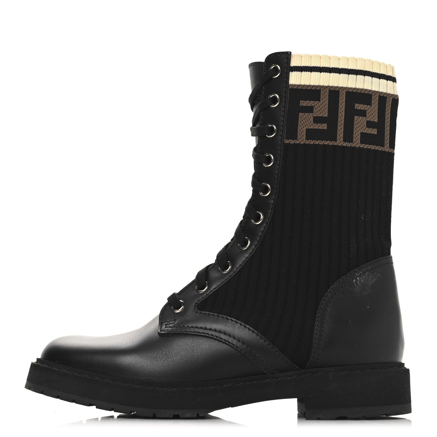 Fendi Calfskin Stretch Fabric Rockoko Biker Boots 36.5 Tobacco