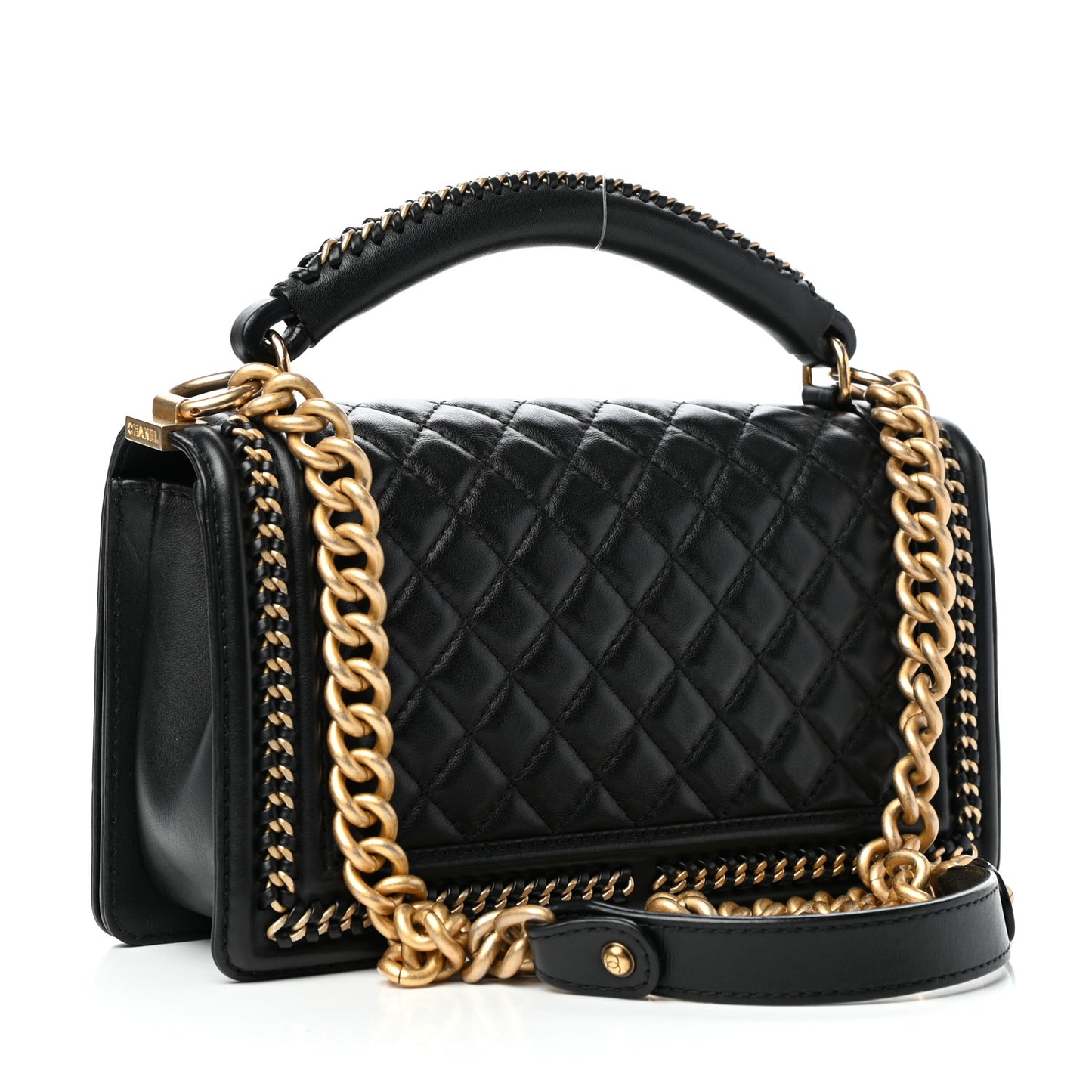 Calfskin Quilted Medium Boy Top Handle Flap Black