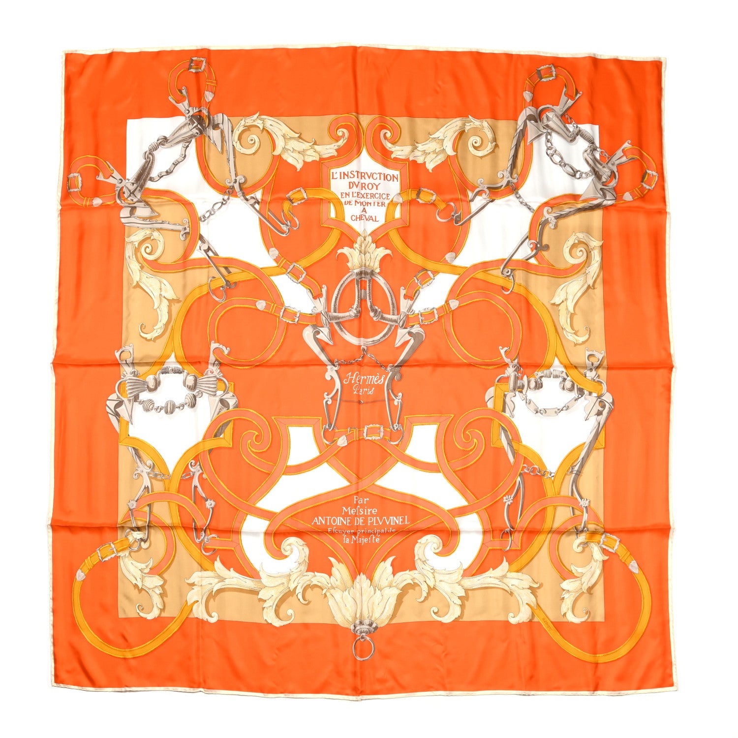 Hermes Silk L Instruction Du Roy Shawl 140 Orange White Beige 1 of 7