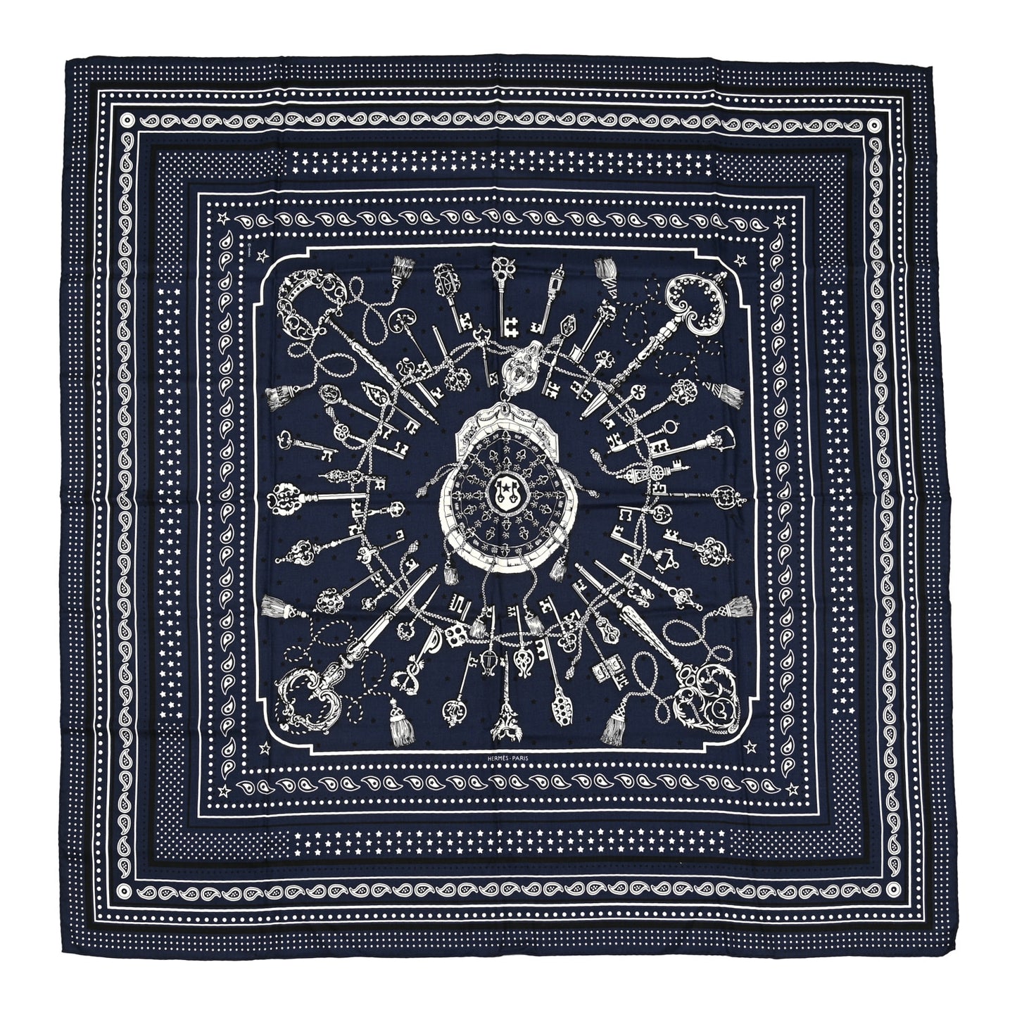 Cashmere Silk Les Cles Bandana Shawl 140 Marine Blanc Noir