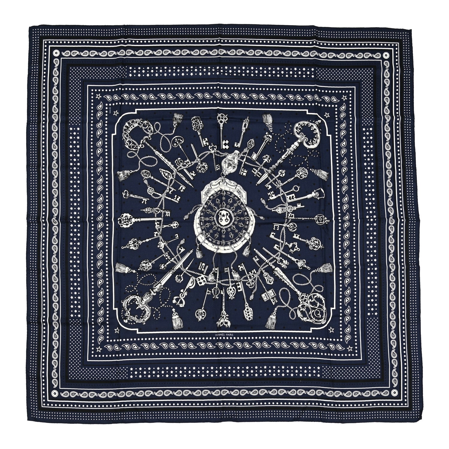 Hermes Cashmere Silk Les Cles Bandana Shawl 140 Marine Blanc Noir 1 of 5