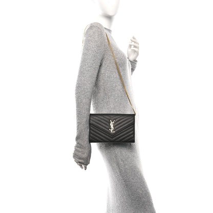 Saint Laurent Grain De Poudre Matelasse Chevron Monogram Envelope Chain Wallet Black 3 of 9