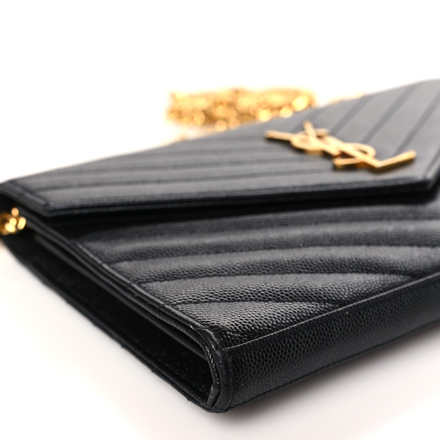 Saint Laurent Grain De Poudre Matelasse Chevron Monogram Chain Wallet Black 8 of 9