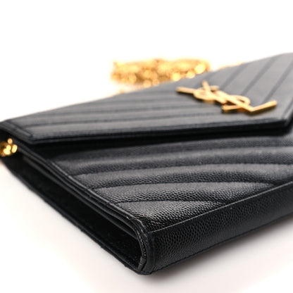Saint Laurent Grain De Poudre Matelasse Chevron Monogram Chain Wallet Black 8 of 9