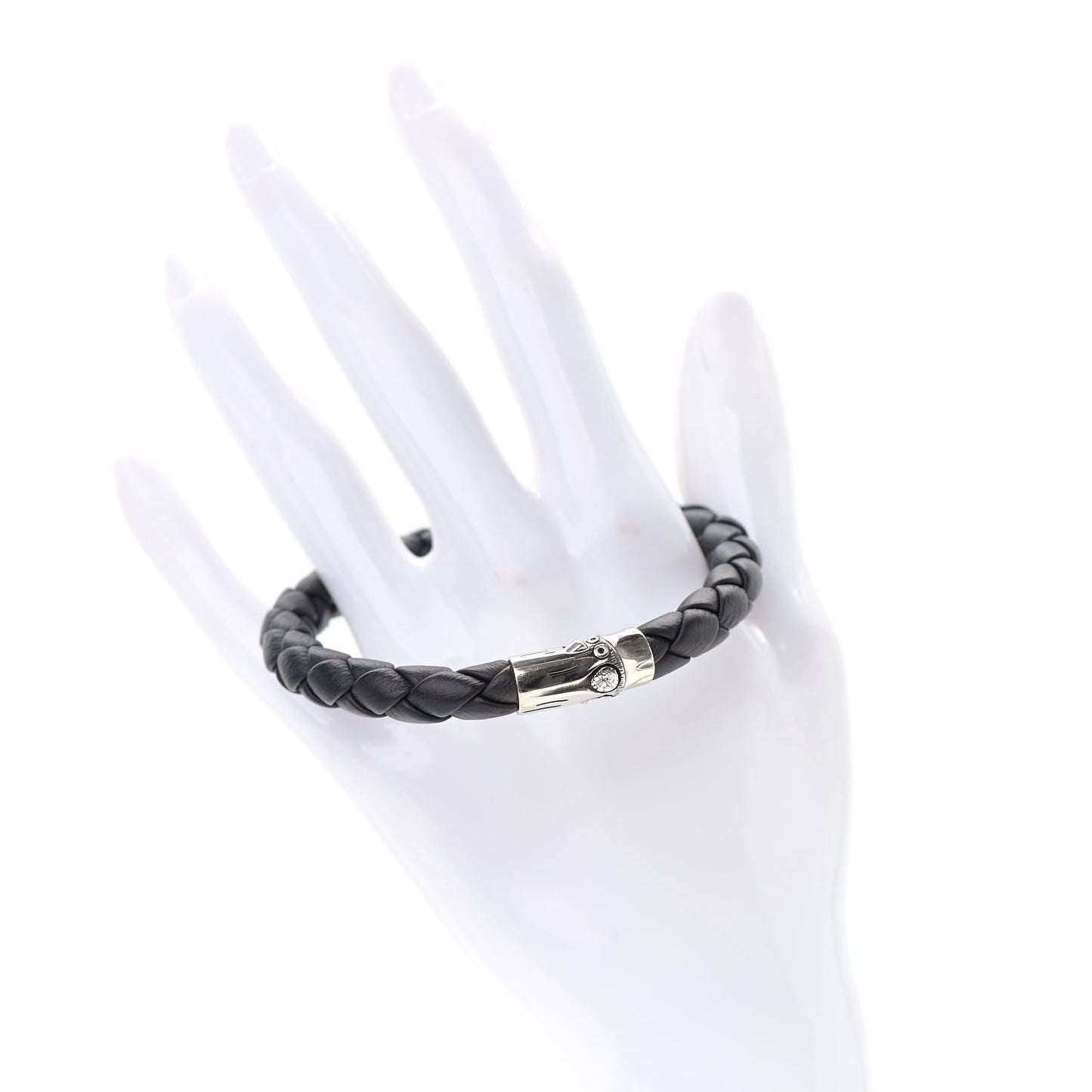 Sterling Silver Leather 8mm Braided Bamboo Station Bracelet Black