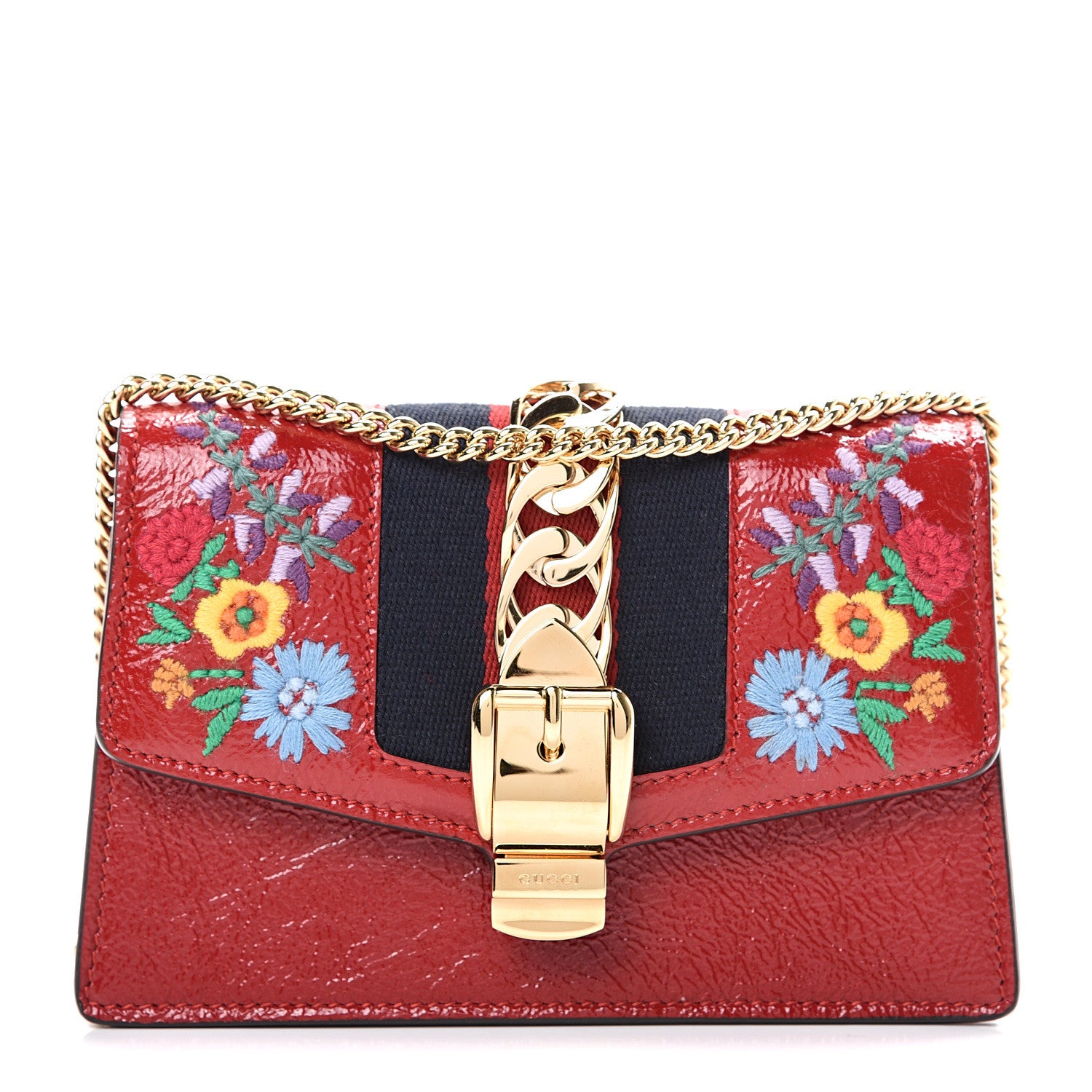 Gucci Patent Embroidered Super Mini Sylvie Chain Shoulder Bag Red 1 of 9