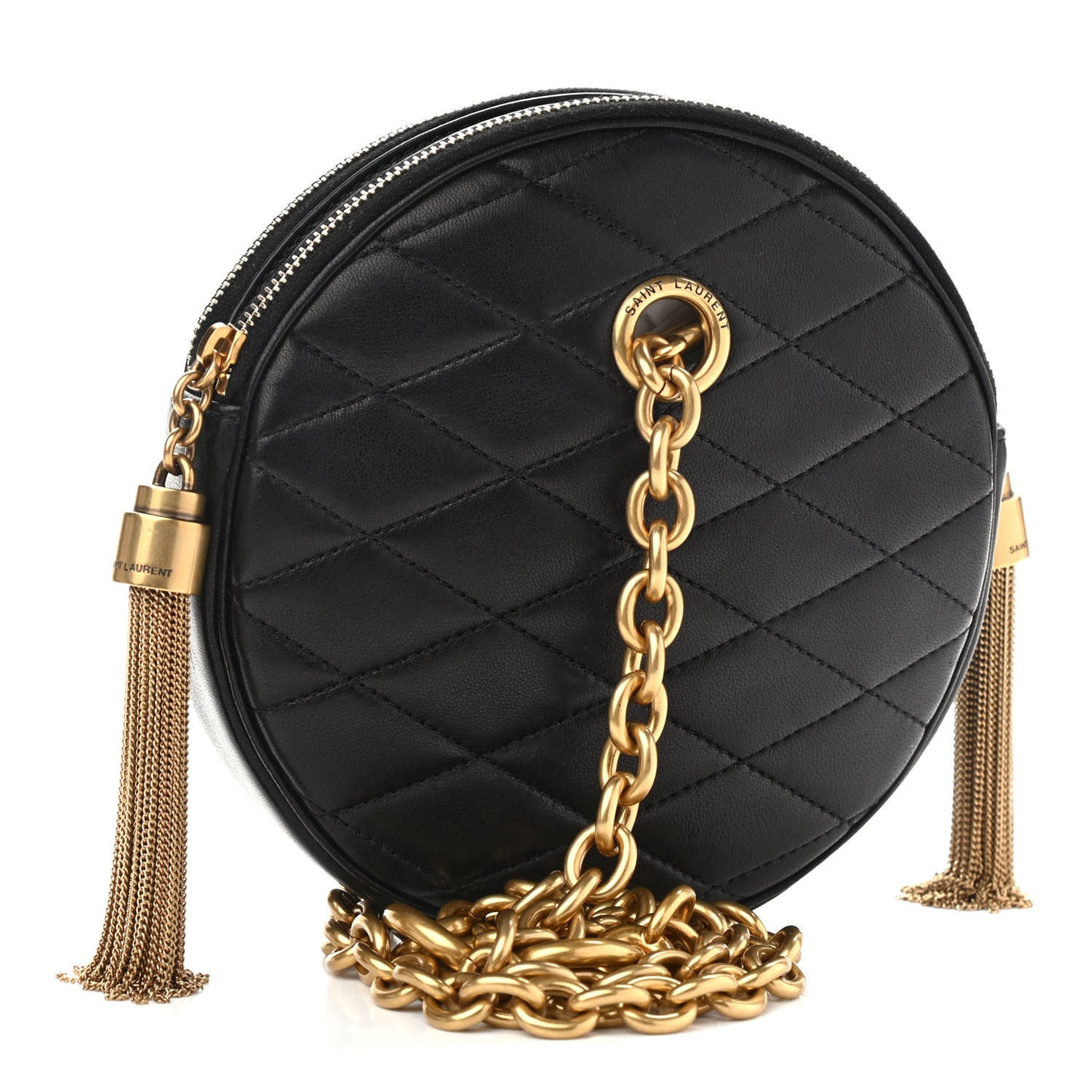 Lambskin Quilted Round Le Maillon Round Tassel Chain Crossbody Bag Black