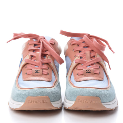 Chanel Nylon Lambskin Suede Calfskin CC Sneakers 35 Coral Light Blue White 2 of 8