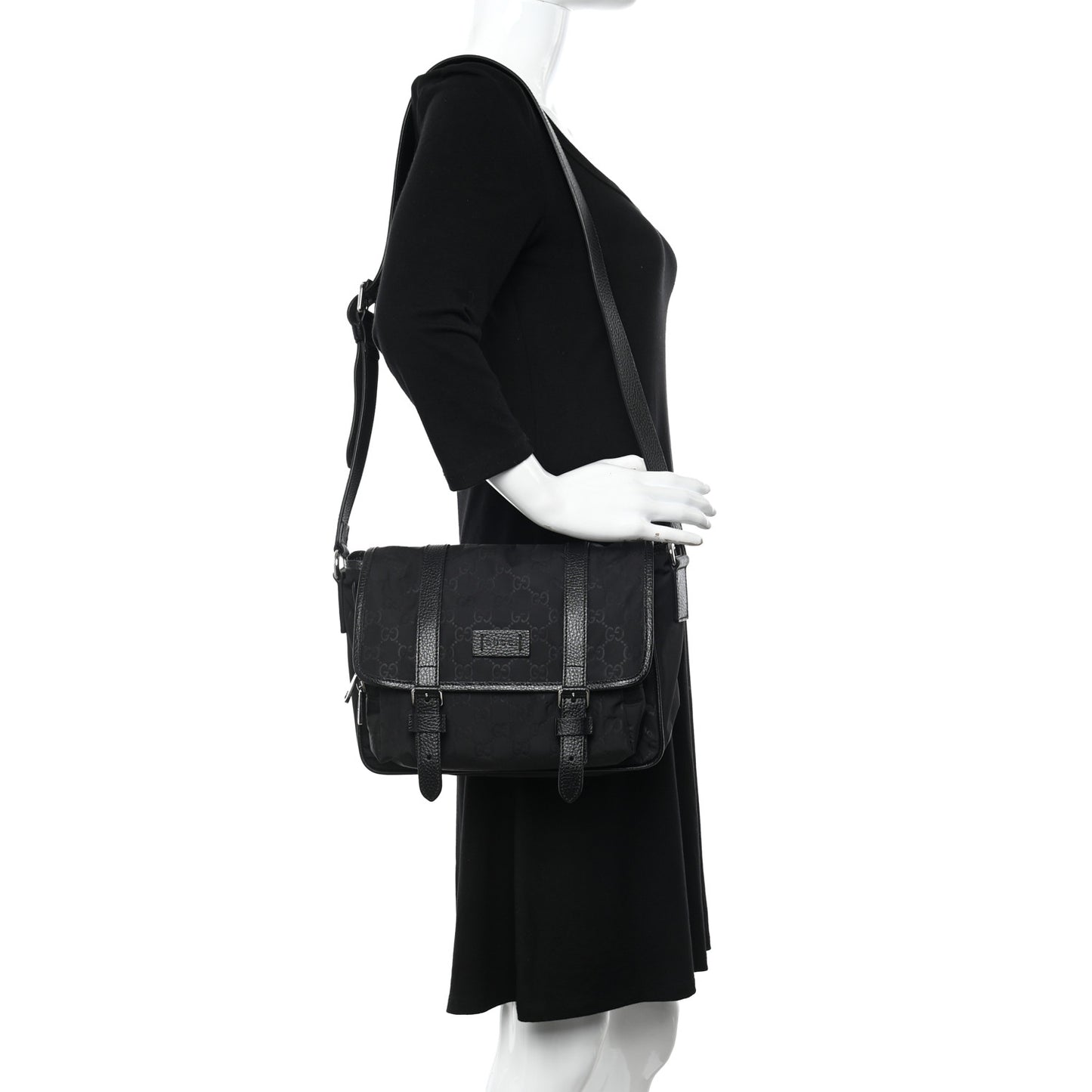 Nylon Monogram Double Buckle Flap Messenger Bag Black