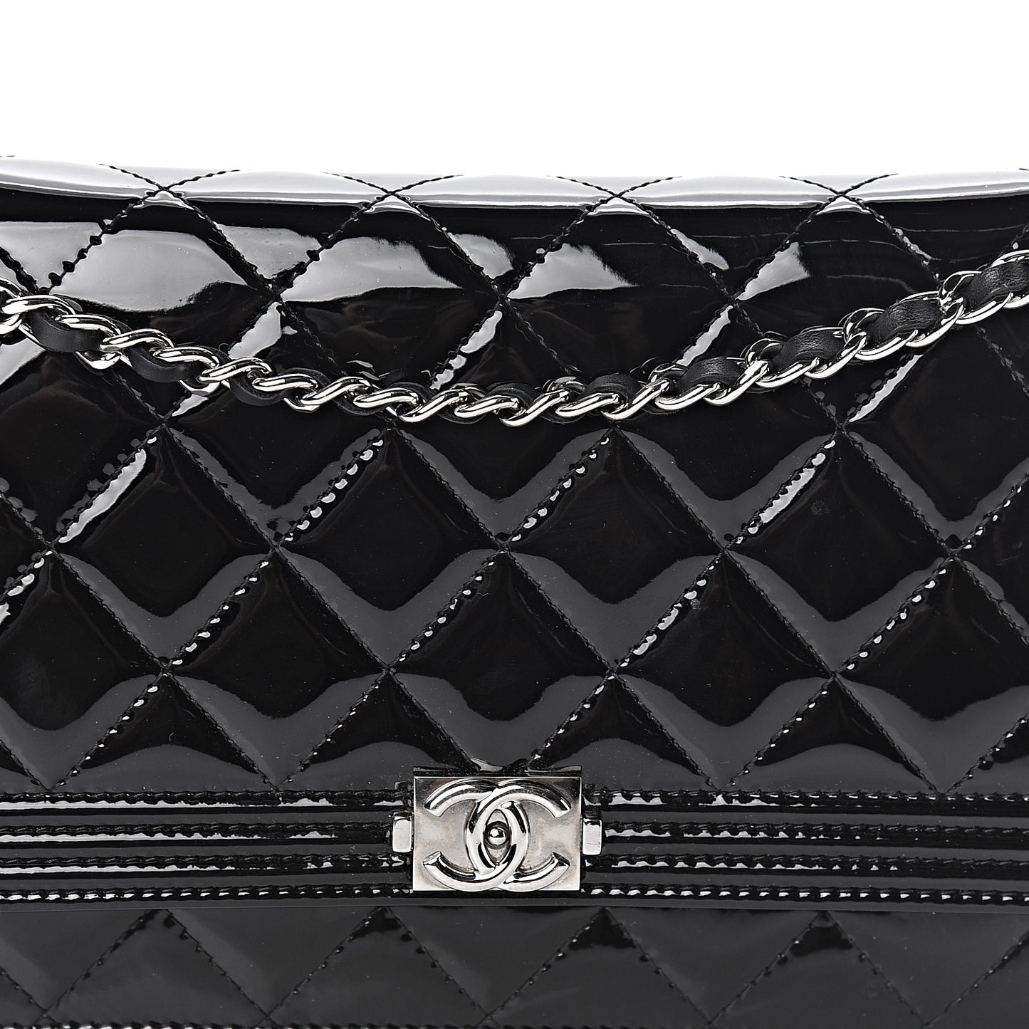 Patent Calfskin Quilted Boy Wallet On Chain WOC Black