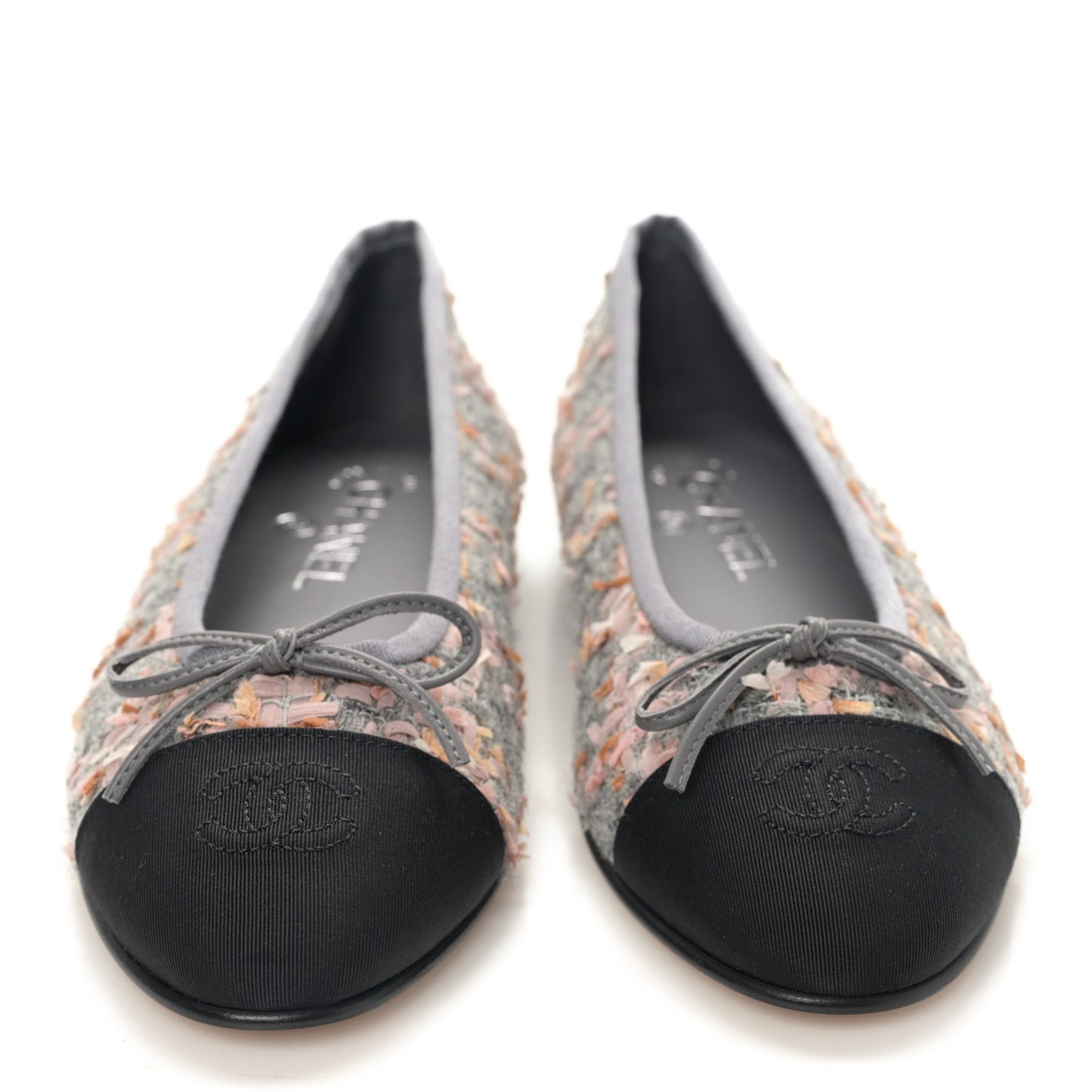 Tweed Grosgrain Cap Toe Ballerina Flats 38 Gray Pink Black