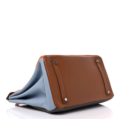 Hermes Taurillon Clemence Arlequin Birkin 35 Orange Sanguine Gold Bleu Lin Bleu Hydra Etain 4 of 13