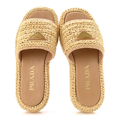 Prada Raffia Metal Triangle Logo Woven Flatform 35mm Slide Sandals 36 Naturale 2 of 10