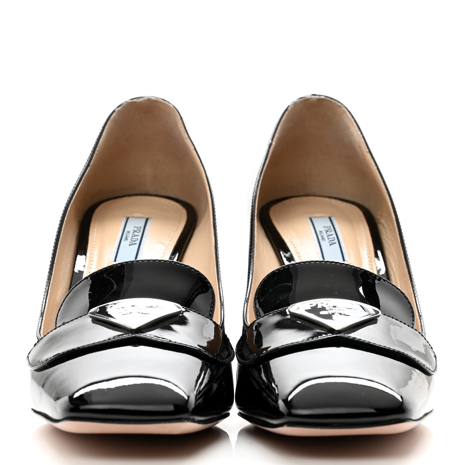 Prada Vernice Metal Triangle Logo 70mm Loafer Pumps 39.5 Black 2 of 10