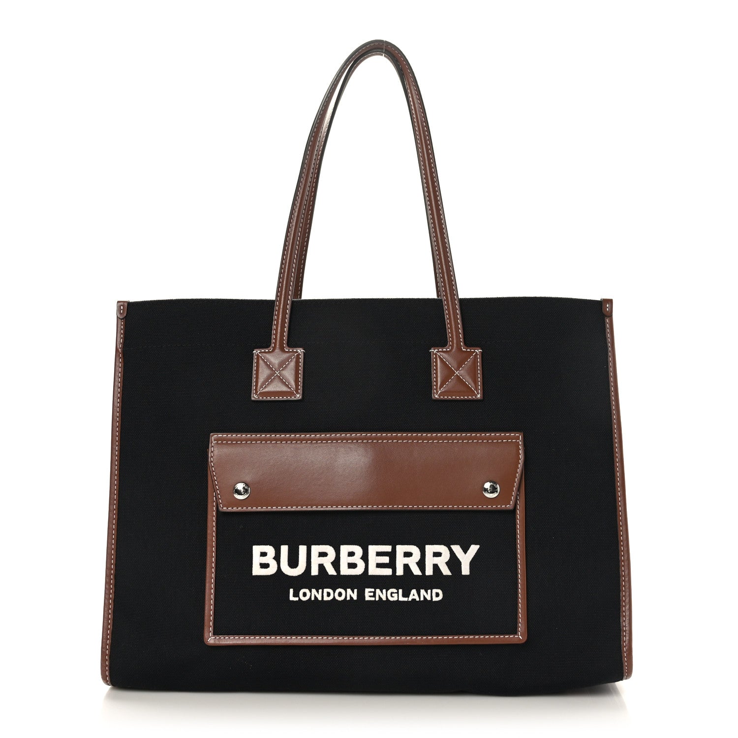 Burberry Canvas Smooth Calfskin Medium Two Tone Freya Tote Black Tan 1 of 8