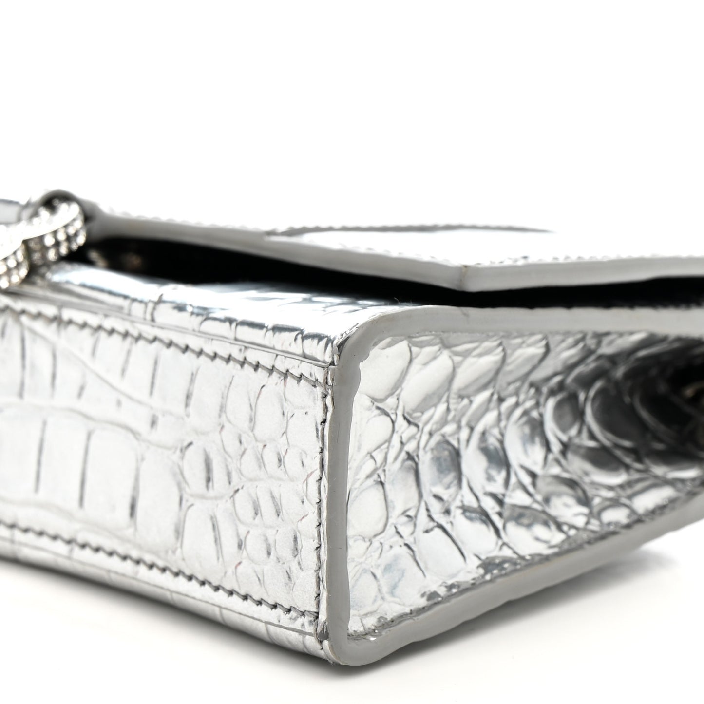 Metallic Calfskin Crocodile Embossed Hourglass Chain Bag Silver