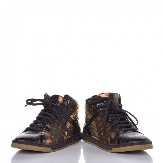 Calfskin Monogram High Top Sneakers 36 Brown