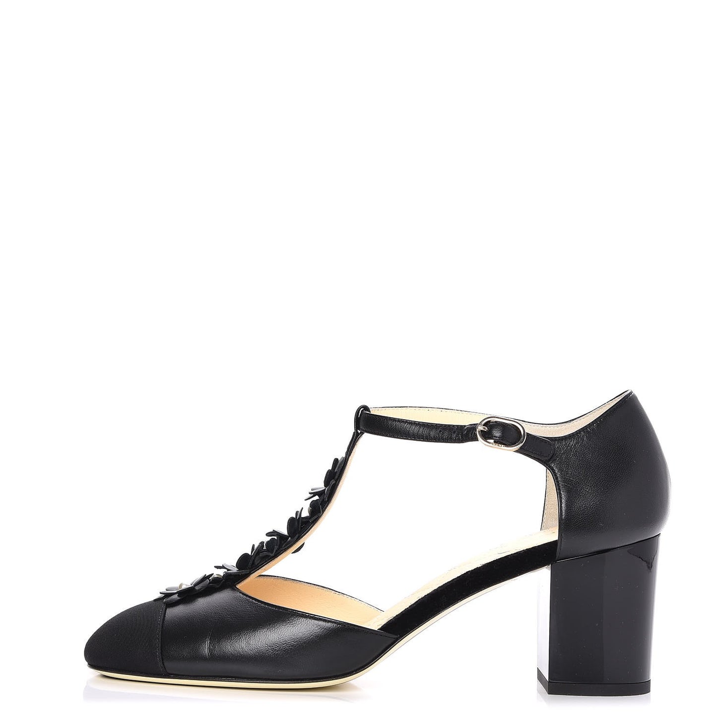 Lambskin Patent Grosgrain Pearl Camellia Pumps 40.5 Black