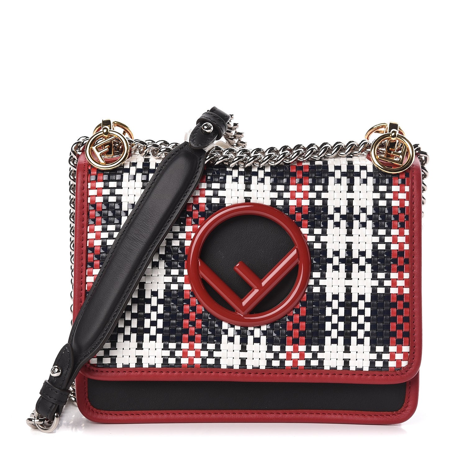Calfskin F is Woven Tartan Small Kan I Shoulder Bag Black Fragola White