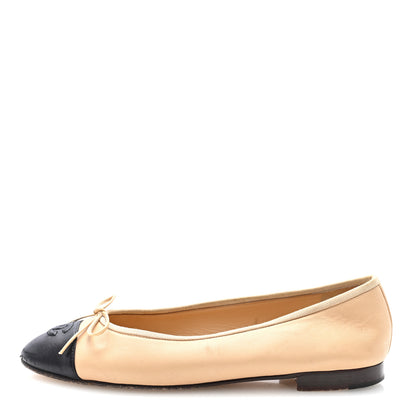 Chanel Lambskin Cap Toe CC Ballerina Flats 40 Beige Black 1 of 9