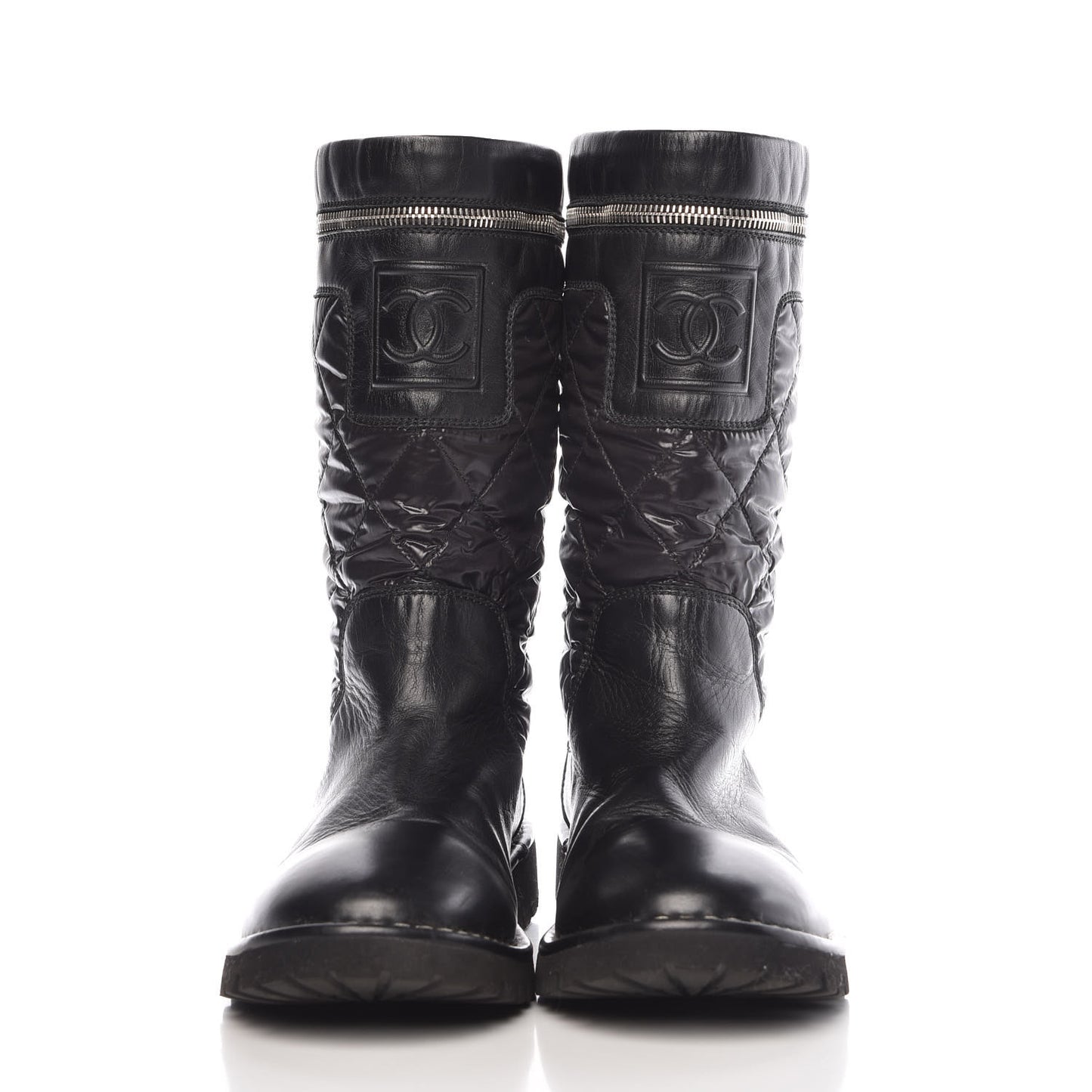 Calfskin Nylon Quilted Motorcycle Zip Boots 38.5 Black