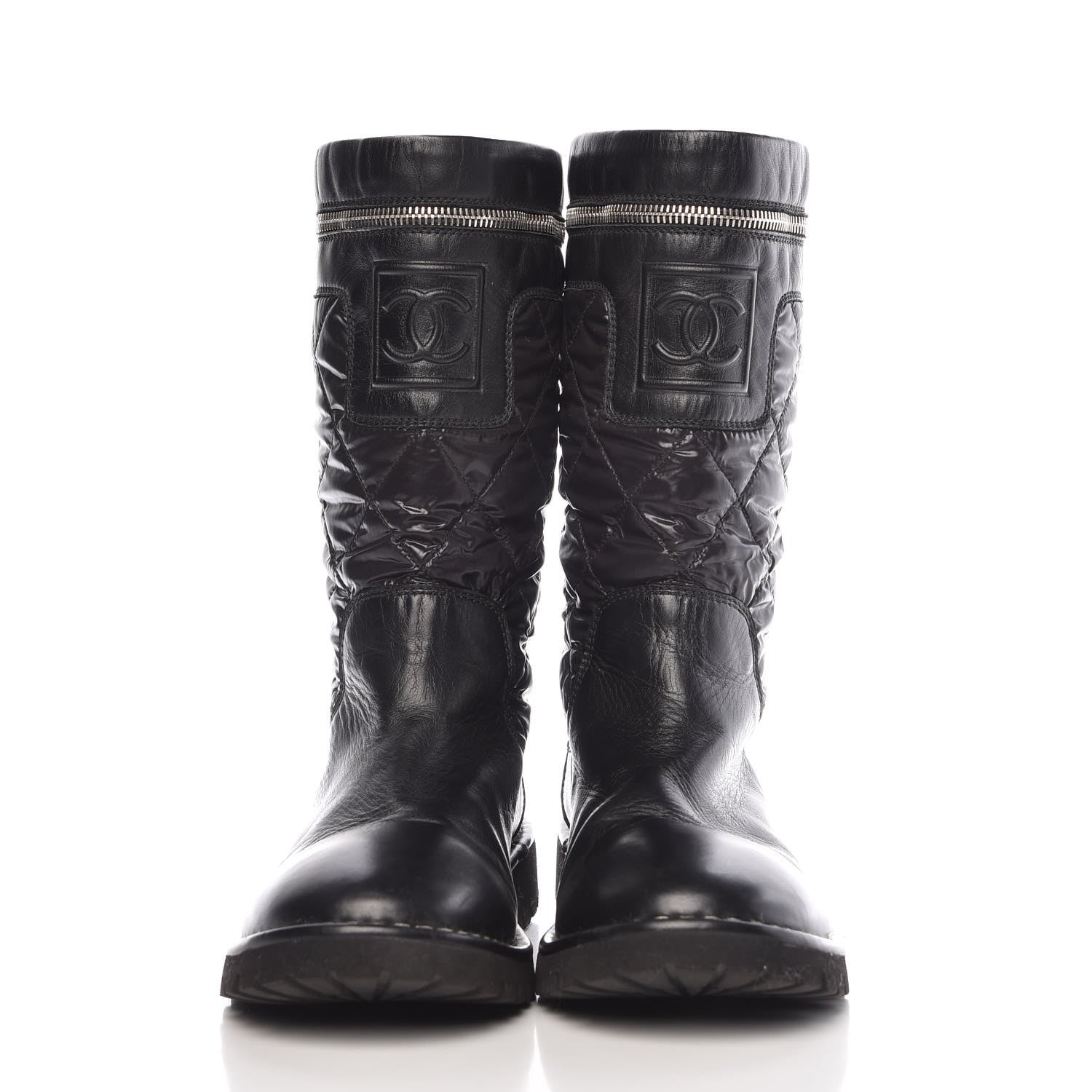 Chanel Calfskin Nylon Quilted Motorcycle Zip Boots 38.5 Black 2 of 11